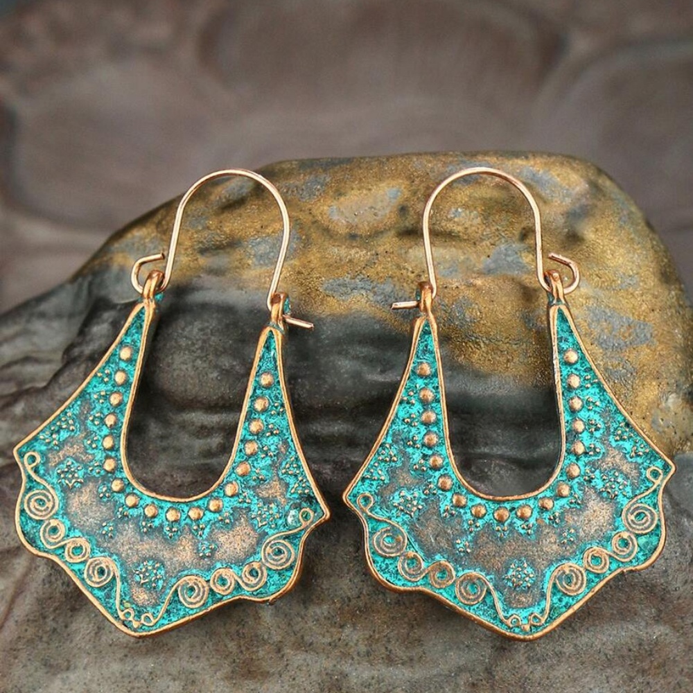 Boho Teal Gold Tone Hoop Earrings Gypsy - Picture 1 of 4